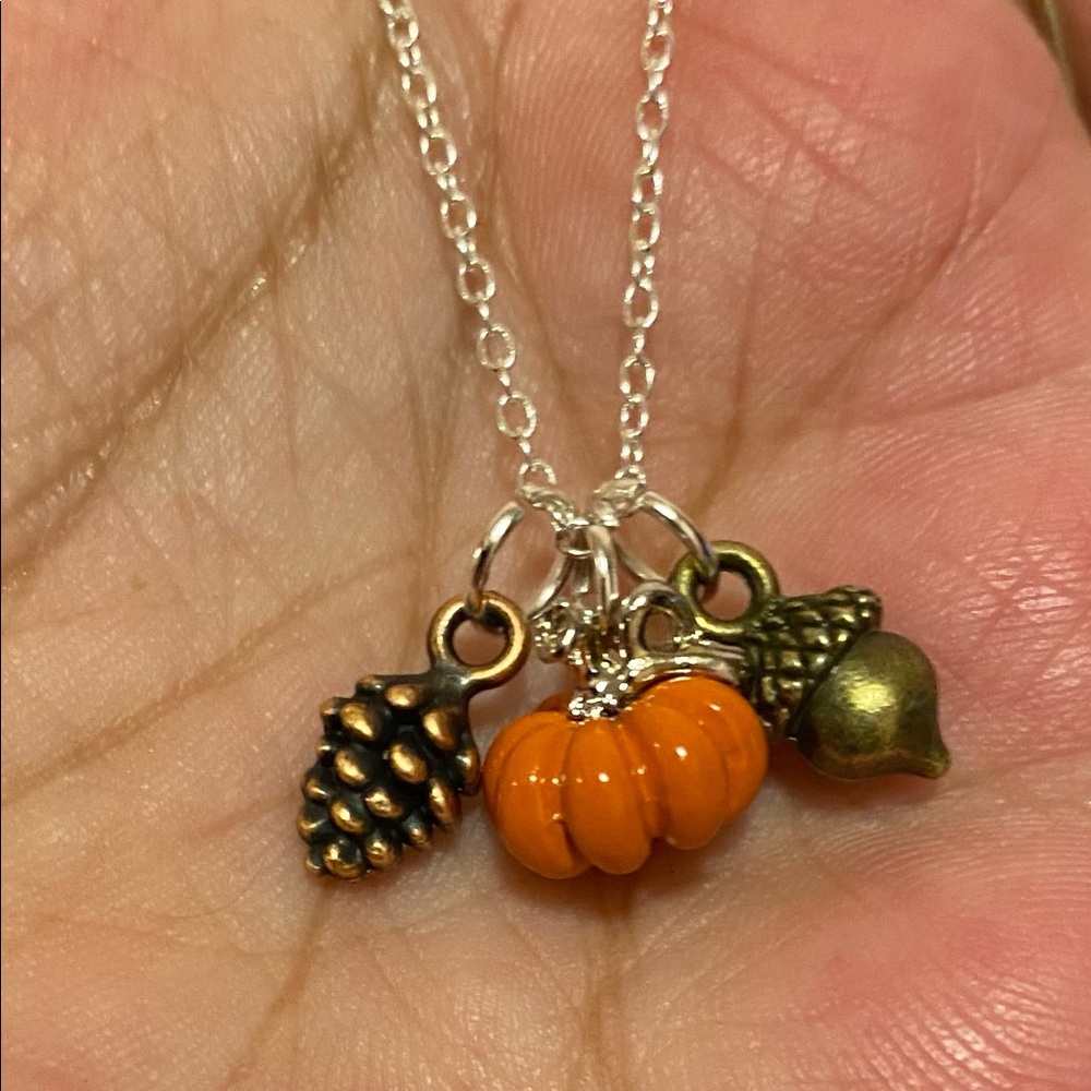 Necklace 925 silver chain orange pumpkin acorn pine cone fall harvest jewelry